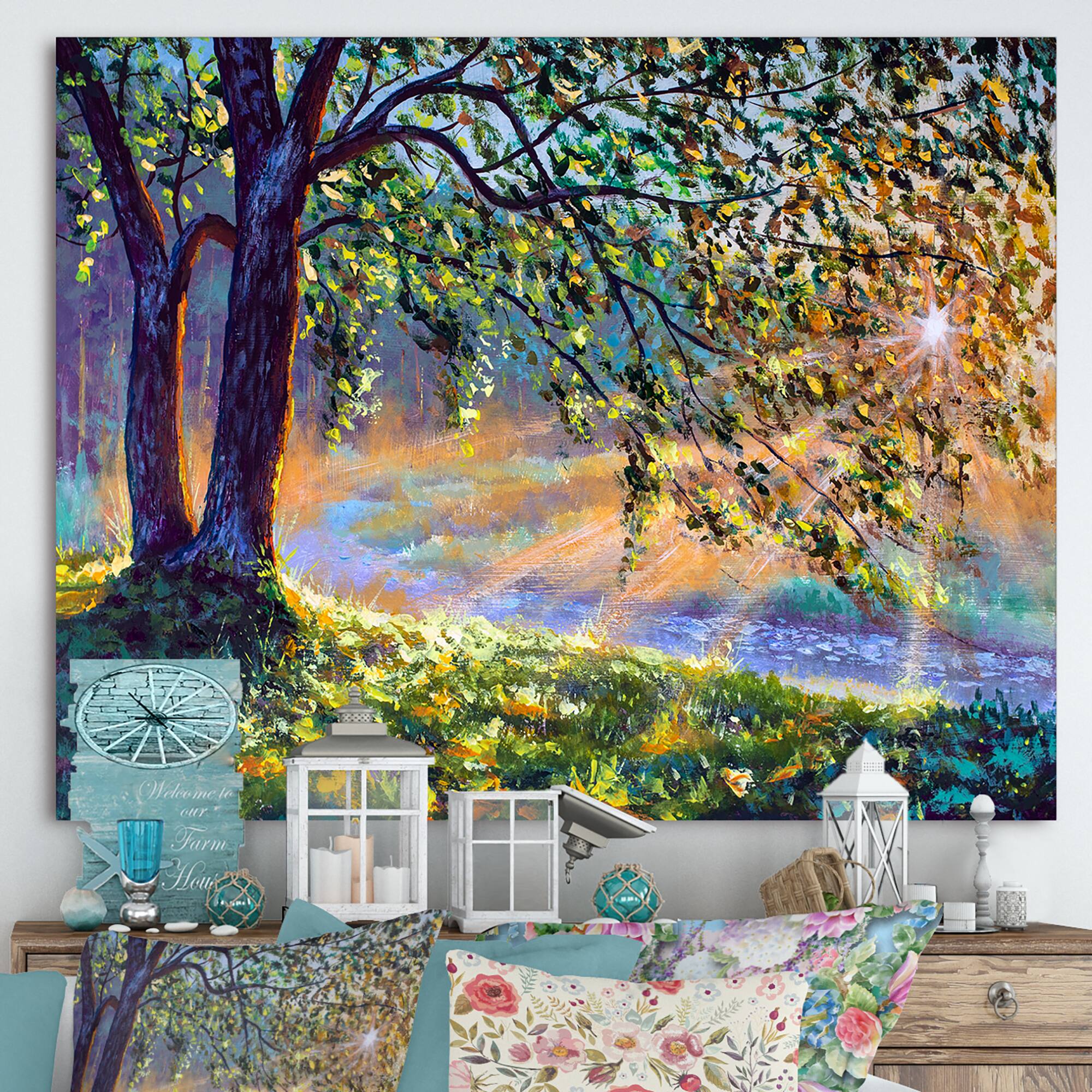 Designart - Tree By River First Rays Of Afternoon Sun